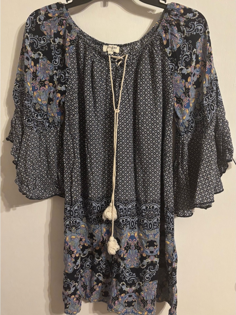 Umgee Blue Multi Paisley Peasant Tunic with Tassels